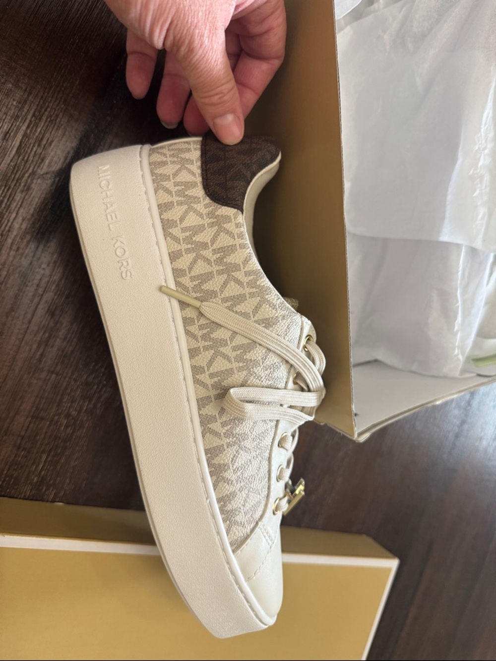 Michael Kors Cream Logo-Pattern Lace-Up Sneaker - Picture 3 of 5
